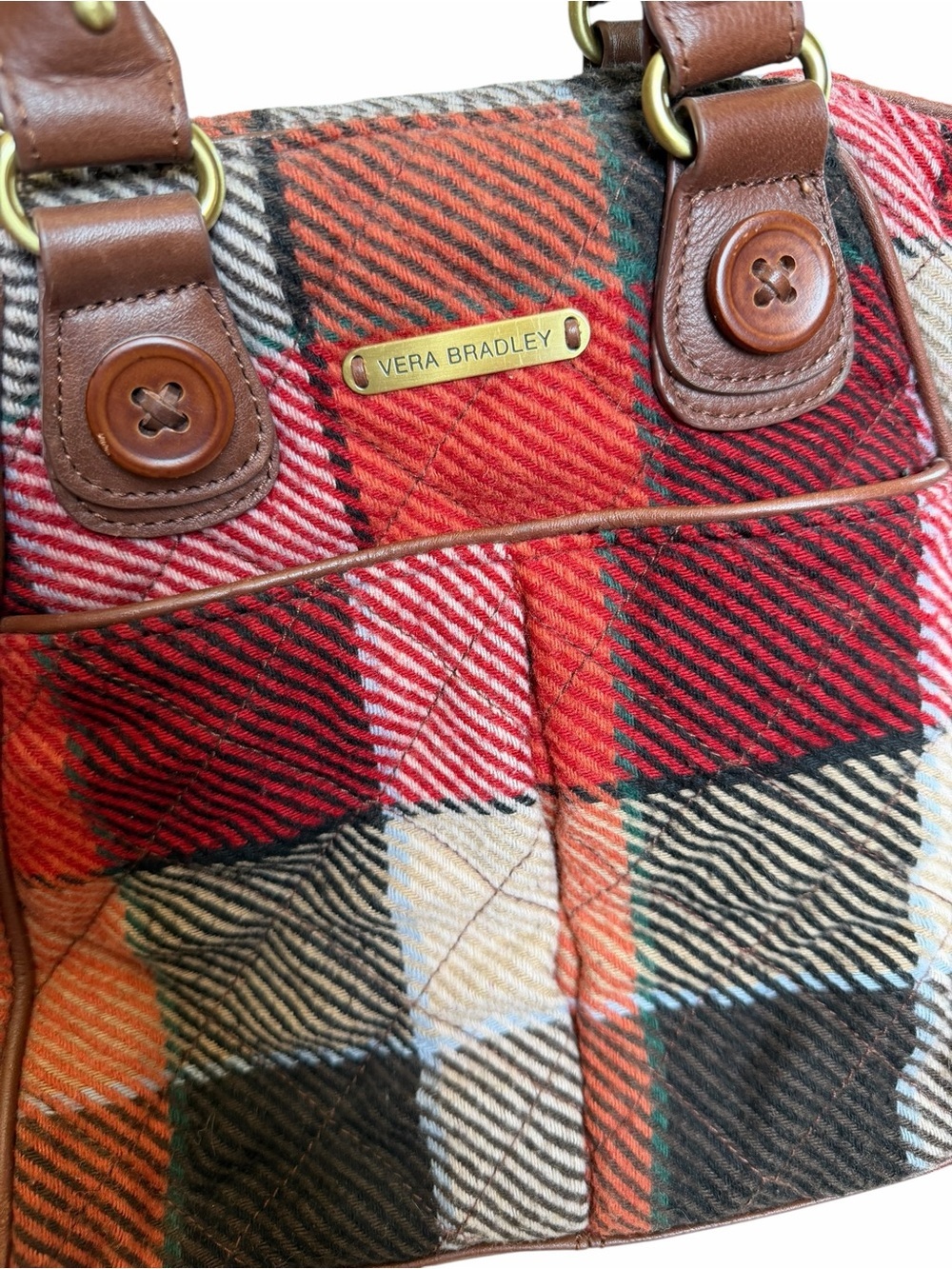 Vera Bradley Red Plaid Wool & Brown Leather Shoulder Bag - Picture 2 of 10